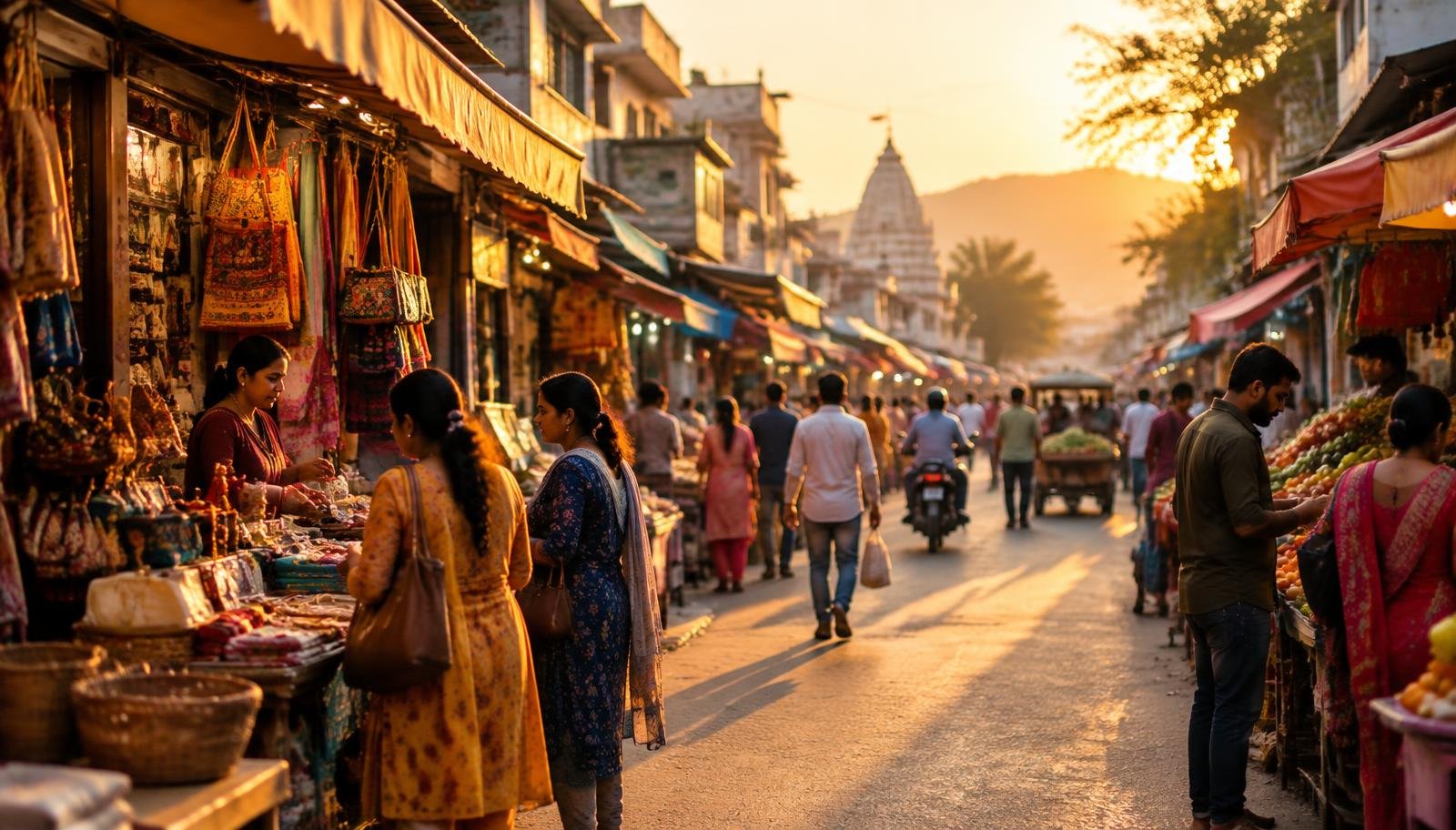 Busy market street at golden hour (illustrative)
